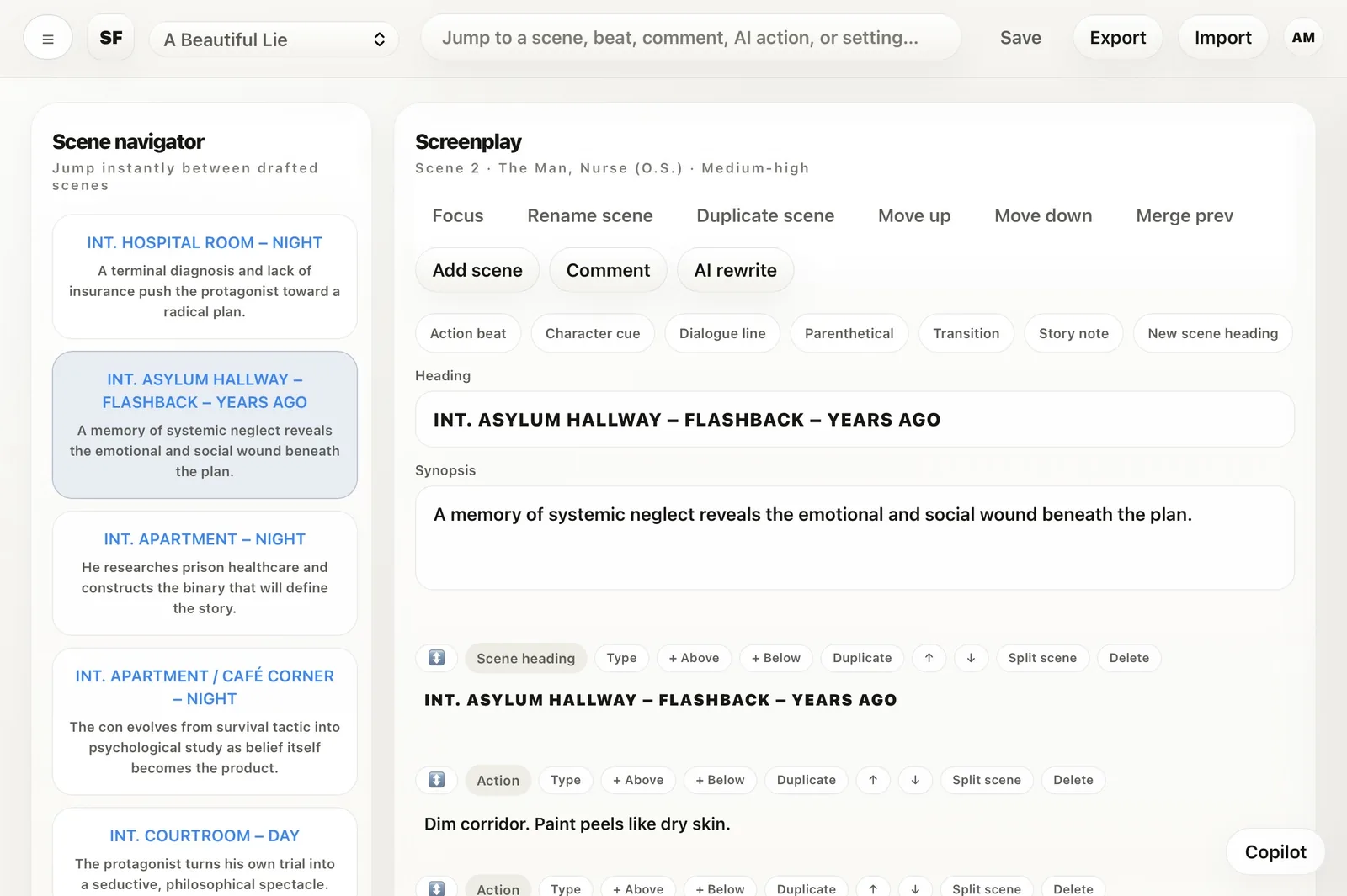 Scene editor with scene navigator, synopsis field, and screenplay blocks.