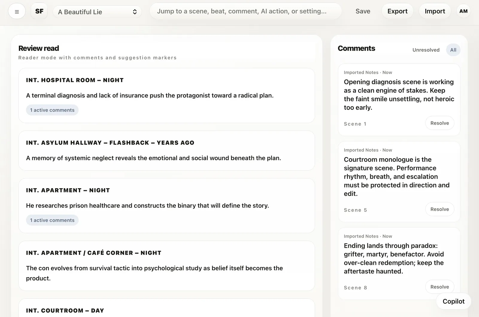 Review read mode with comment rail and scene summaries.