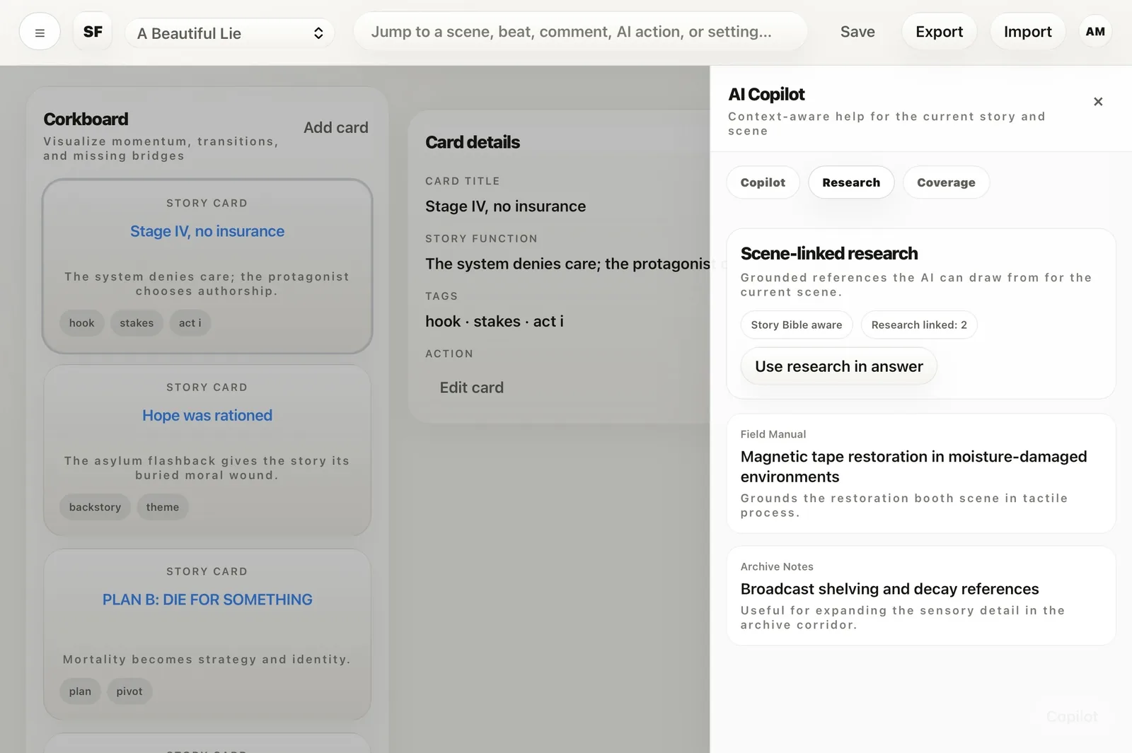 Corkboard view with story cards and AI research panel.