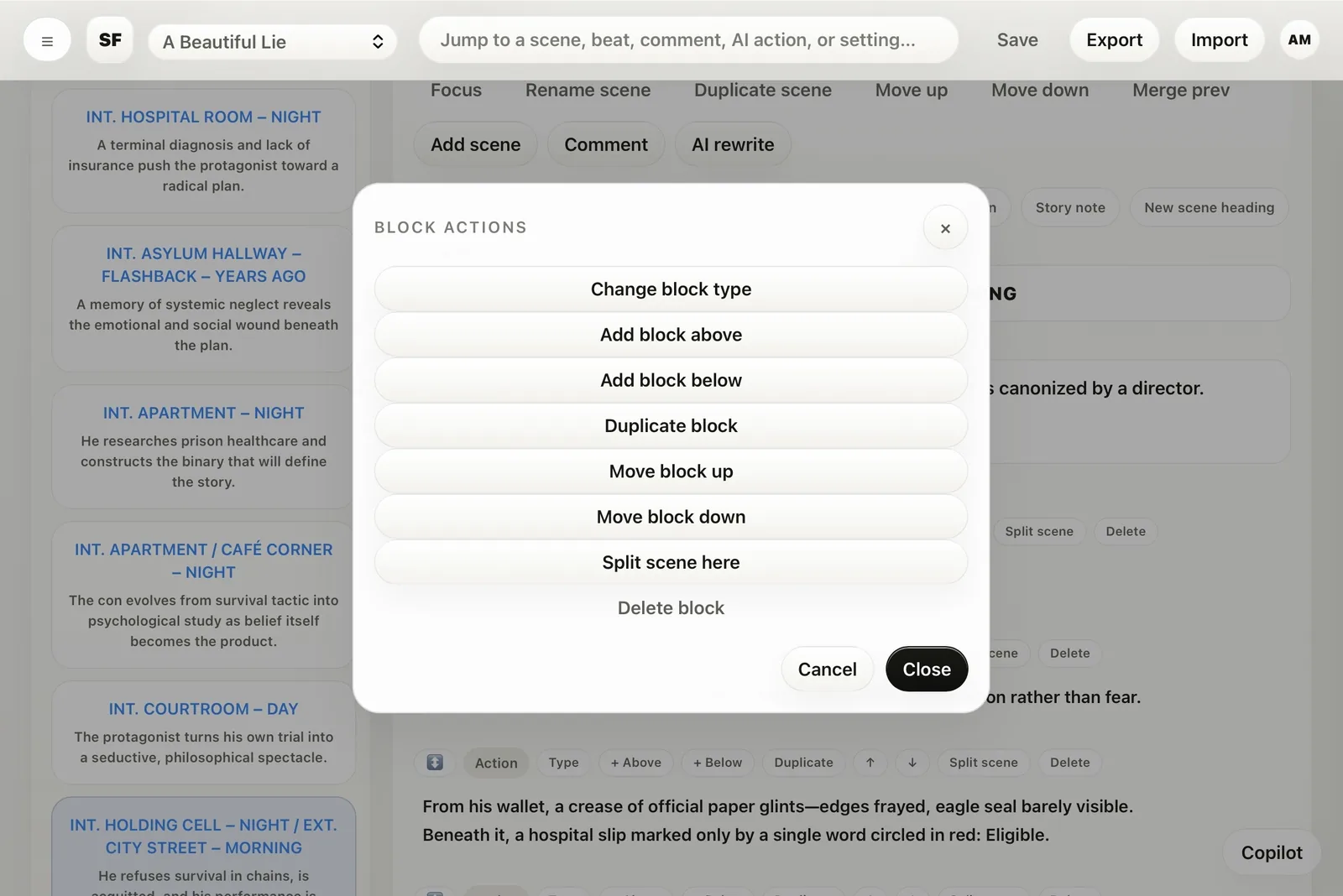 Modal block actions inside the screenplay editor.
